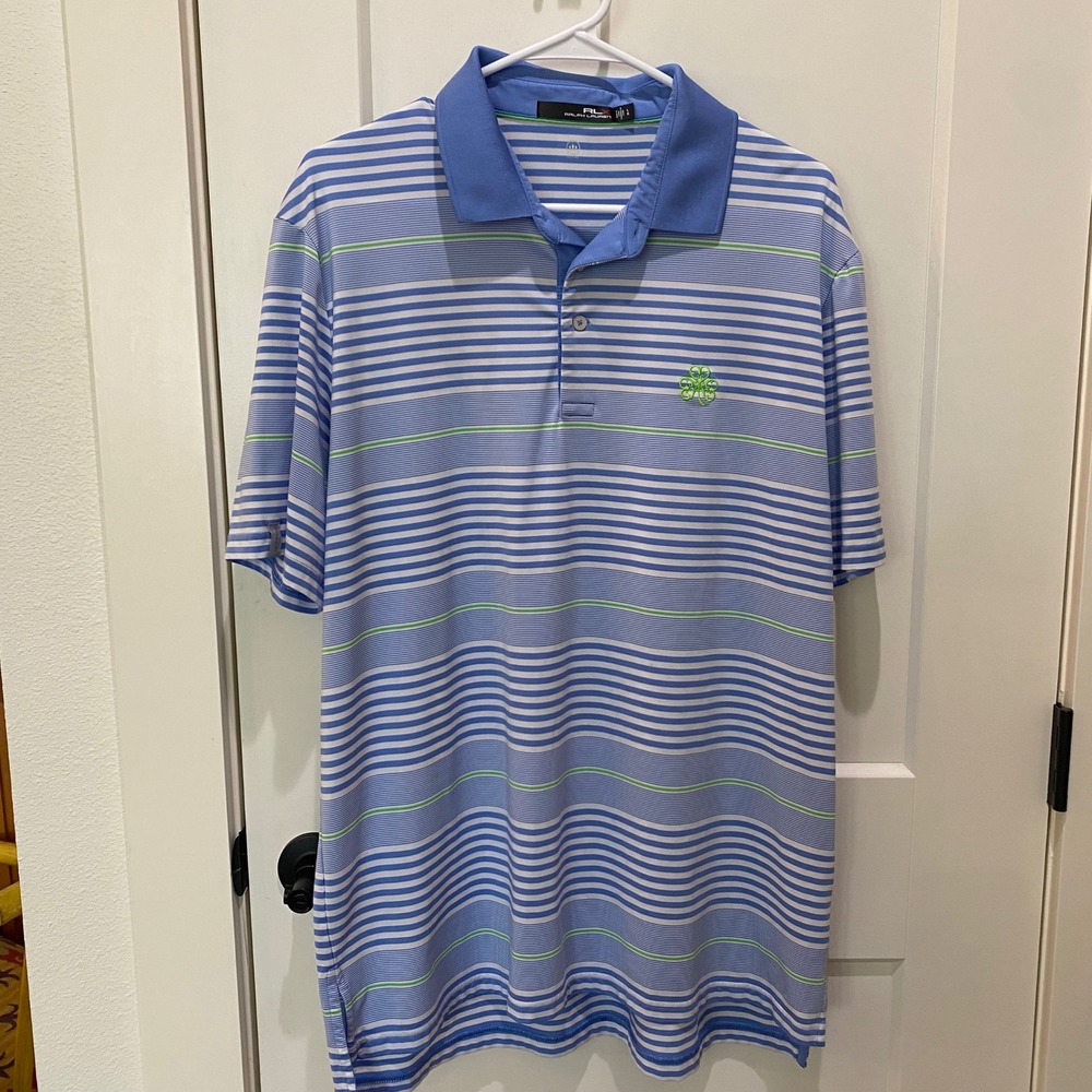 RLX Ralph Lauren Mens Golf Polo Shirt Blue White Stripe Shamrock Clover Large
